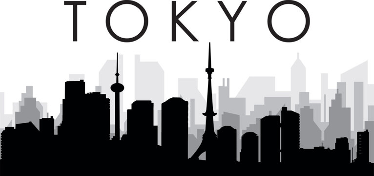 Black cityscape skyline panorama with gray misty city buildings background of the TOKYO, JAPAN with a city name tag
