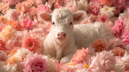  a close up of a baby cow laying in a field of pink and white flowers on a bed of pink and white carnations and pink carnations.