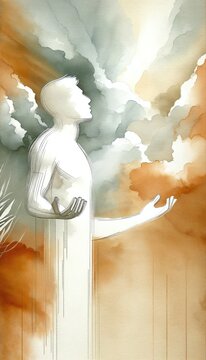 Digital painting of a man white silhouette in worship in front of a stormy sky.