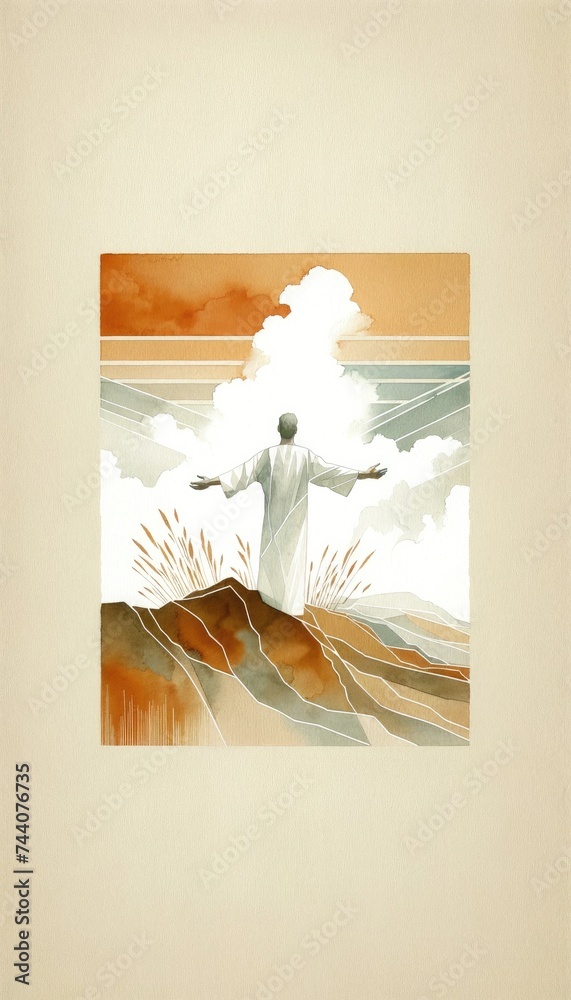 Wall mural man in worship on the mountain, against cloudy sky. hand drawn illustration in watercolor style.