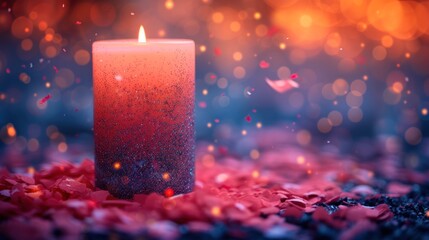  a close up of a lit candle on a bed of red and pink petals with a blurry background of boke of light coming from the top of the candle.