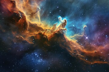 An awe-inspiring image showcasing a mesmerizing space scene filled with countless stars, Imaginary view of a high contrast colored nebula, AI Generated