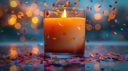  a lit candle sitting on top of a table next to confetti and confetti falling out of the top of the candles in front of the shot.