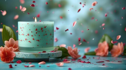  a blue candle sitting on top of a table next to a bunch of pink flowers and petals on the side of the candle and on the table is a blue surface with pink petals.