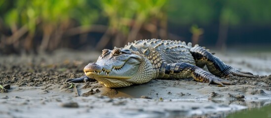 Obraz premium A Crocodylus porosus, a saltwater crocodile, basks in the sun on a muddy riverbank in the Sundarbans, the largest mangrove forest globally, which is also part of the Sundarbans Biosphere Reserve.