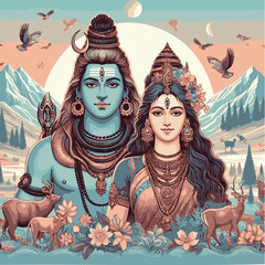 illustration of lord shiva and parvati - obrazy, fototapety, plakaty