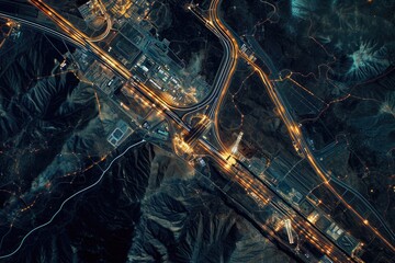 This aerial photo captures the vibrant lights and towering skyscrapers of a city at night, Industrial pipelines as seen from space, AI Generated - obrazy, fototapety, plakaty