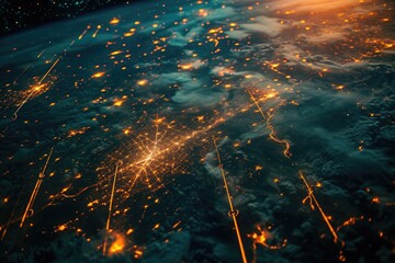 This photo captures a striking view of the Earth at night, showcasing the illuminated landmasses and city lights from space, Industrial pipelines as seen from space, AI Generated - obrazy, fototapety, plakaty