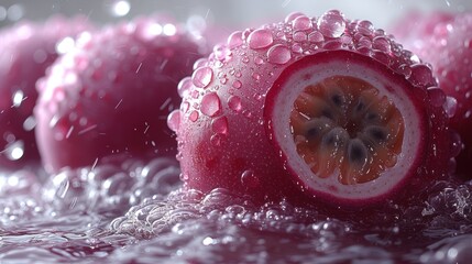  a close up of a grapefruit with drops of water on it and a whole grapefruit in the middle of the image with water droplets on the surface.