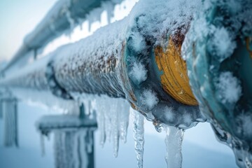 A yellow fire hydrant stands covered in a layer of ice and icicles, Industrial pipelines encased in ice, AI Generated - Powered by Adobe
