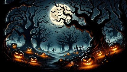 A haunted forest setting on Halloween night with glowing jack-o'-lanterns, bats, and silhouettes of witches against the moonlit sky. AI Generated