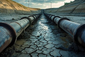 A massive pipe lies across a field covered in dry grass, Industrial pipelines over a dried-up riverbed, AI Generated