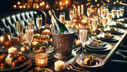 A lavish dinner setting with a bottle of premium champagne, crystal glasses, and gourmet dishes, all illuminated by candlelight. AI Generative