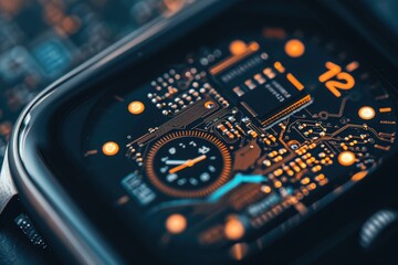 Fototapeta na wymiar A detailed view of a stainless steel watch face featuring chronograph dials and intricate minute markers, Inside of a modern smartwatch focusing on the circuit board, AI Generated