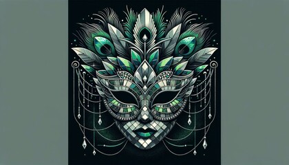 A vintage mask reminiscent of the 1920s art deco era, sculpted with sharp angles, shimmering sequins, and accented with peacock feathers. AI Generative