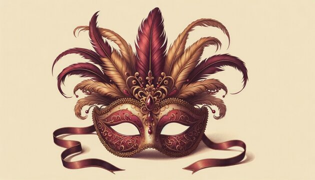 An ornate mask inspired by early 20th-century masquerade balls, crafted with deep red velvet, adorned with golden lace patterns, and featuring elegant feathers. AI Generative