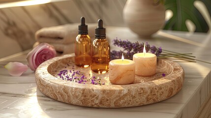 Fototapeta na wymiar A luxury spa concept for spring featuring a marble tray holding scented candles, essential oils and a sprinkling of lavender and rose petals.