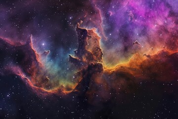 This photo showcases a lively space filled with vivid stars and swirling clouds, Intense spectrum of colors in a distant nebula cloud, AI Generated