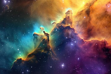 This photo captures a vibrant and vivid space scene filled with stars, nebulas, and galaxies, creating a visually stunning display, Intense spectrum of colors in a distant nebula cloud, AI Generated