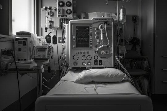 A black and white photograph capturing the inside of a vacant hospital room, showcasing a bed and various medical equipment, Intense, dramatic portrait of a dialysis machine, AI Generated