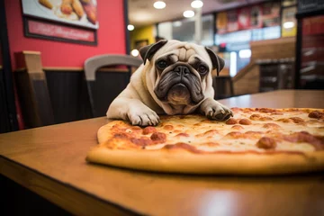 Deurstickers Funny fat french bulldog dog having pizza with the owner in a dog friendly pizzeria © Neira