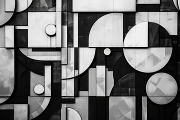 A black and white photograph showcasing an array of sharp geometric shapes against the backdrop of a cityscape, Intersecting geometric shapes forming an abstract, future-looking pattern, AI Generated