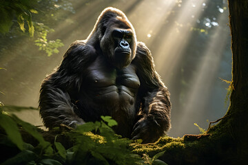 Obraz na płótnie Canvas Majesty in the Wild: A Silverback Gorilla's Mesmerizing Gaze Amidst Lush Foliage
