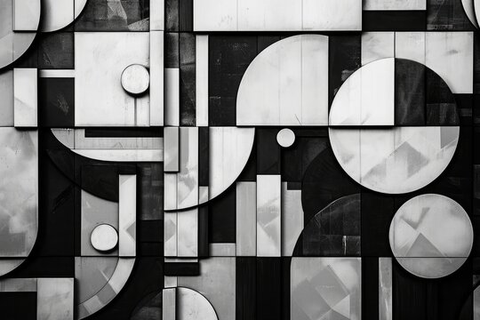 Fototapeta A black and white photograph showcasing an array of sharp geometric shapes against the backdrop of a cityscape, Intersecting geometric shapes forming an abstract, future-looking pattern, AI Generated