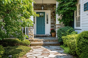 Fototapeta na wymiar Classic and Beautiful: A White Front Door with Blue-Green Accents in a Charming Home Entrance