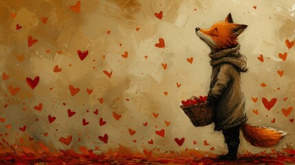  a painting of a fox with a basket of hearts on it's back, standing in front of a wall with hearts on it's back and holding a basket.