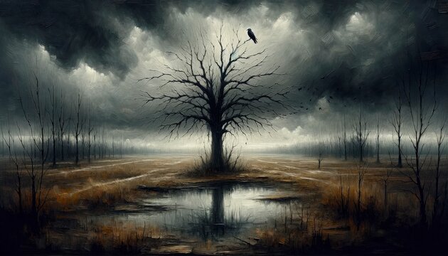 A barren tree in a bleak setting, emphasizing the emptiness and desolation often associated with depression. AI Generative