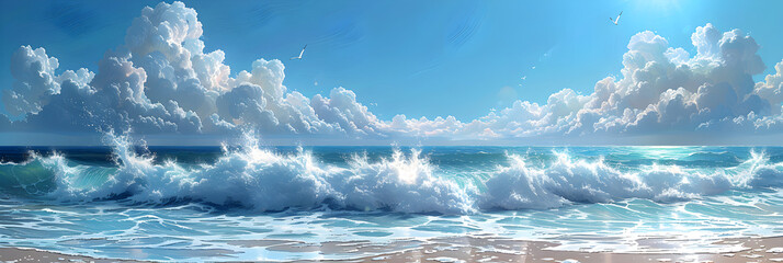 Ocean waves rhythmically lapping the shore inspire a sense of tranquility and inner calm inviting,
blue sky and white clouds closeup with Plane Ocean - obrazy, fototapety, plakaty