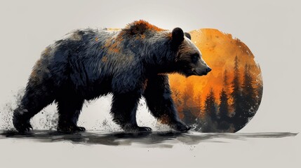  a painting of a brown bear walking in front of a yellow and orange circle with trees on the other side of the bear, on a gray background of a white background.
