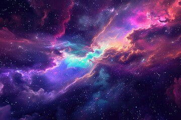 A vivid space scene featuring numerous stars and billowing clouds floating across the sky, Iridescent swirls of a colorful nebula cloud in deep space, AI Generated