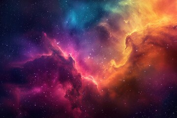 Naklejka premium A vibrant space scene featuring a multitude of stars and clouds in different colors, Iridescent swirls of a colorful nebula cloud in deep space, AI Generated