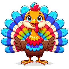 A cartoon turkey with colorful feathers standing proudly. AI Generated