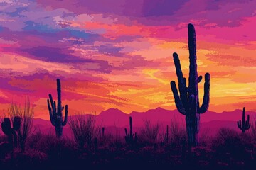 A painting depicting a vibrant sunset with a prominent cactus in the foreground, Isolated cacti with a sunset background, AI Generated