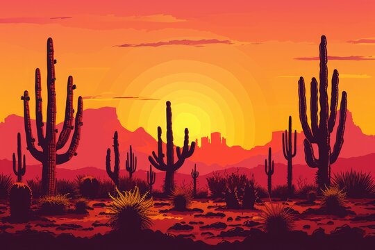 An oil painting depicting a barren desert landscape featuring towering cactus trees in the foreground, Isolated cacti with a sunset background, AI Generated