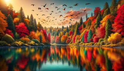 A scenic landscape during autumn, showcasing a forest with trees displaying a range of autumnal colors. A calm river reflects the brilliant hues, with birds flying overhead. AI Generative - obrazy, fototapety, plakaty