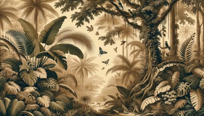 An illustration depicting a vintage tropical jungle wallpaper with lush leaves, birds, and butterflies, giving it an old drawing feel. AI Generated