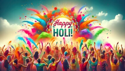 A jubilant Holi celebration where people are playfully splashing vibrant colored powders and water at each other, with a bold 