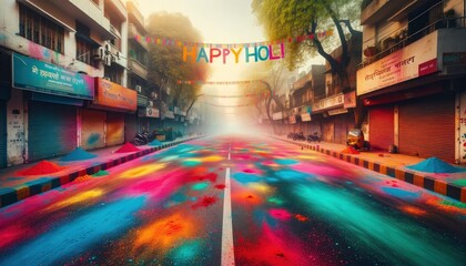 An empty street during the Holi festival, filled with colorful Holi powder. AI Generative