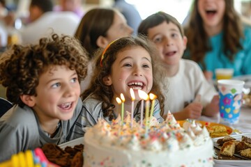 Group of Children Celebrating With Birthday Cake at Table, Kids at a surprise birthday party with joyous expressions, AI Generated