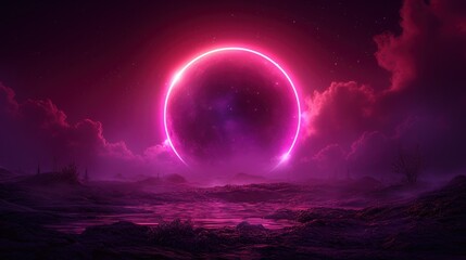 a large purple object in the middle of a night sky with clouds and a bright purple ring in the middle of the sky with a bright red light shining in the middle of the middle.