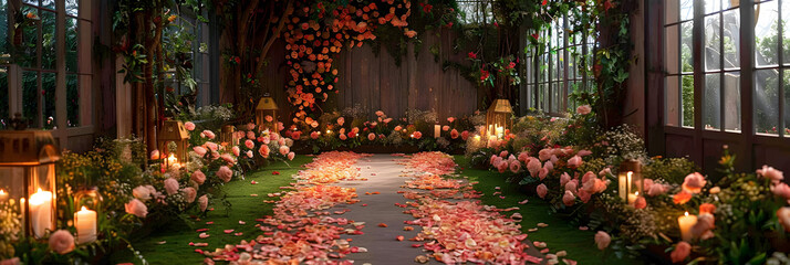 Mariage ceremony decorated with flowers wedding hall ,
Outdoor Garden Wedding with Cascading Flowers and Softly Lit Pathways