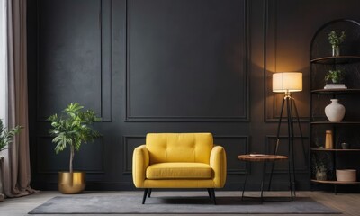 Mock up a yellow colored luxury armchar in a blaack walls living room with plant.