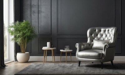 Mock up a silvercolored luxury armchar in a black walls living room with plant.
