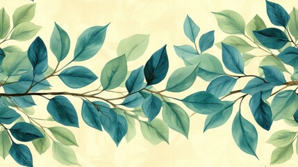  a painting of a branch with green leaves on a light yellow background with a light green background and a light blue branch with green leaves on a light yellow background.