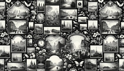 An illustration celebrating the gelatin silver printing process, with a pattern that includes vintage photographs ranging from bustling city scenes to serene nature landscapes. AI Generated - obrazy, fototapety, plakaty