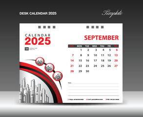 Desk Calendar 2025 template with circle frame can be use photo, September 2025 template. Wall Calendar design, planner, Corporate Calendar 2025 creative design mockup, printing, advertisement, vector